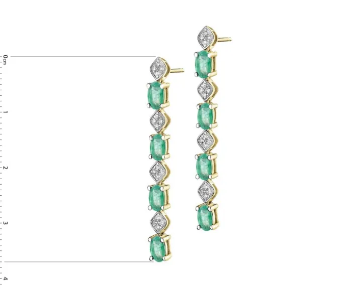 Kolczyki z żółtego złota z diamentami i szmaragdami - próba 585