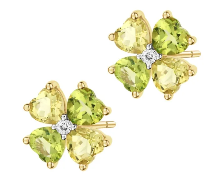 Kolczyki z żółtego złota z diamentami i kamieniami ozdobnymi - koniczyny, serca - próba 375