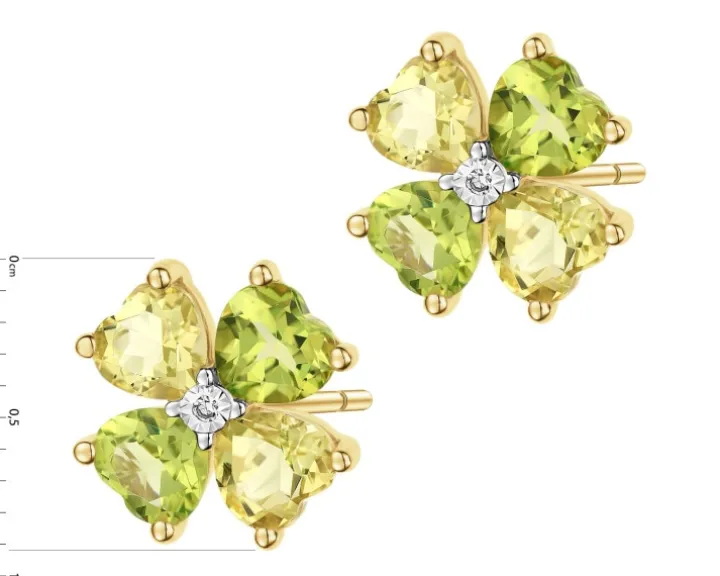 Kolczyki z żółtego złota z diamentami i kamieniami ozdobnymi - koniczyny, serca - próba 375