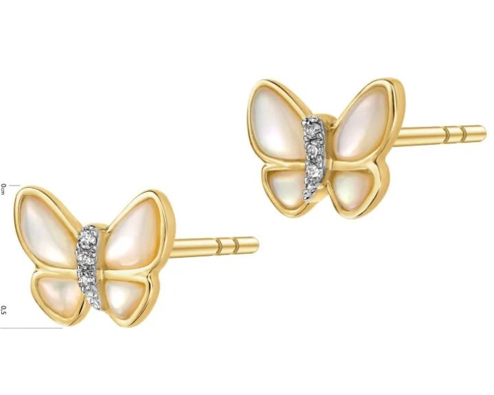 Kolczyki z żółtego złota z diamentami i masą perłową - motyle - próba 585