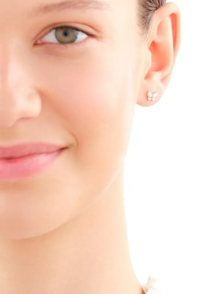 Kolczyki z żółtego złota z diamentami i masą perłową - motyle - próba 585