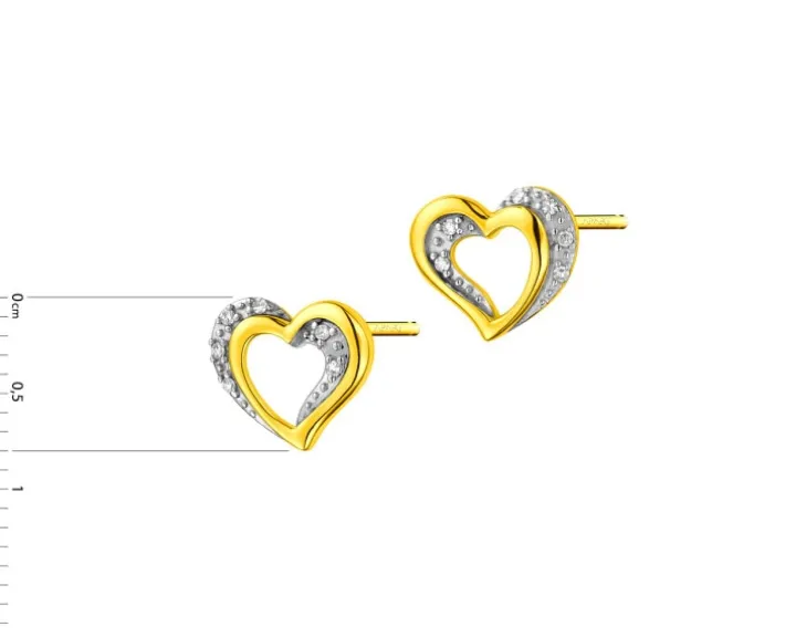 Kolczyki z żółtego złota z diamentami - serca - 0,03 ct - próba 375
