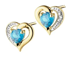 Kolczyki z żółtego złota z diamentami i topazami - serca - próba 585