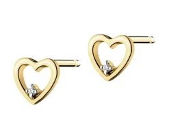 Kolczyki z żółtego złota z diamentami - serca - 0,008 ct - próba 375