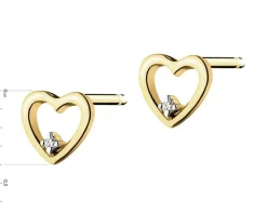 Kolczyki z żółtego złota z diamentami - serca - 0,008 ct - próba 375