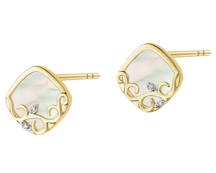 Kolczyki z żółtego złota z diamentami i masą perłową - próba 585