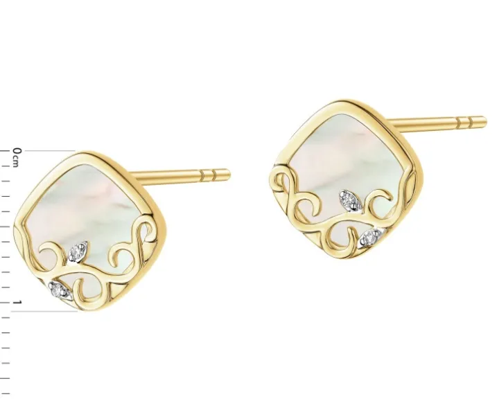 Kolczyki z żółtego złota z diamentami i masą perłową - próba 585