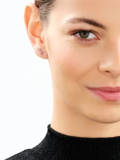 Kolczyki z żółtego złota z diamentami i kamieniami ozdobnymi - kwiaty - próba 375