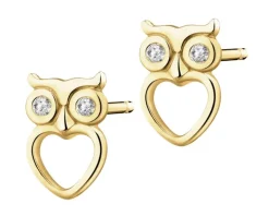 Kolczyki z żółtego złota z diamentami - sowy, serca - 0,01 ct - próba 375