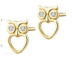 Kolczyki z żółtego złota z diamentami - sowy, serca - 0,01 ct - próba 375