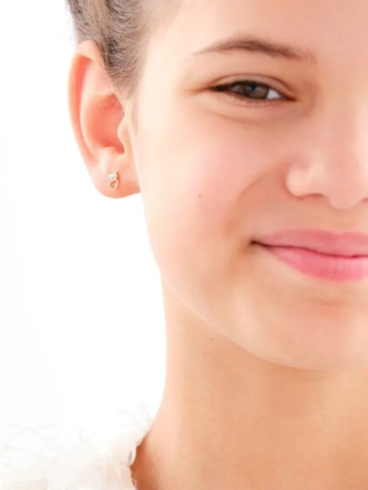 Kolczyki z żółtego złota z diamentami - sowy, serca - 0,01 ct - próba 375