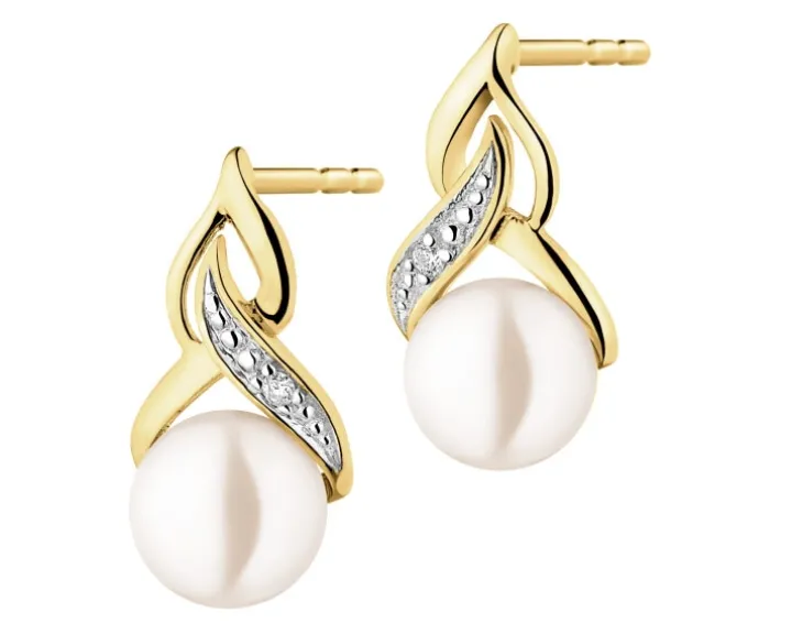 Kolczyki z żółtego złota z diamentami i perłami - próba 375
