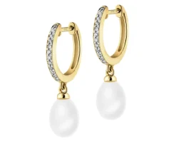 Kolczyki z żółtego złota z diamentami i perłami - próba 585