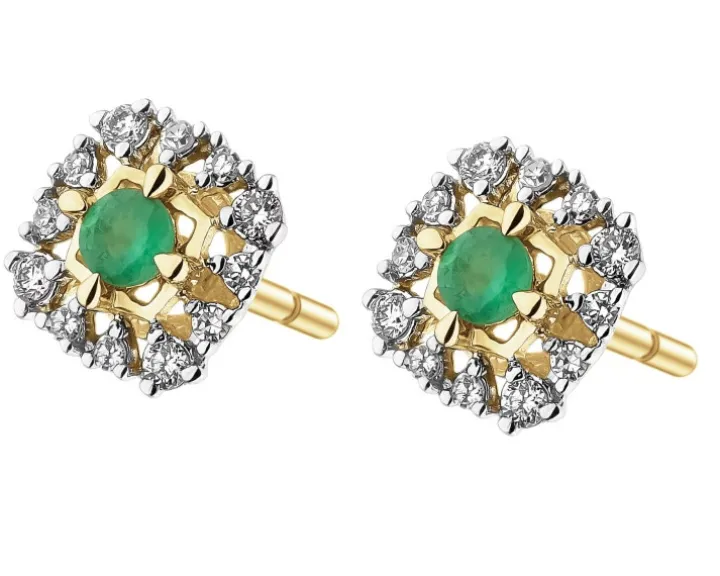 Kolczyki z żółtego złota z diamentami i szmaragdami - próba 585