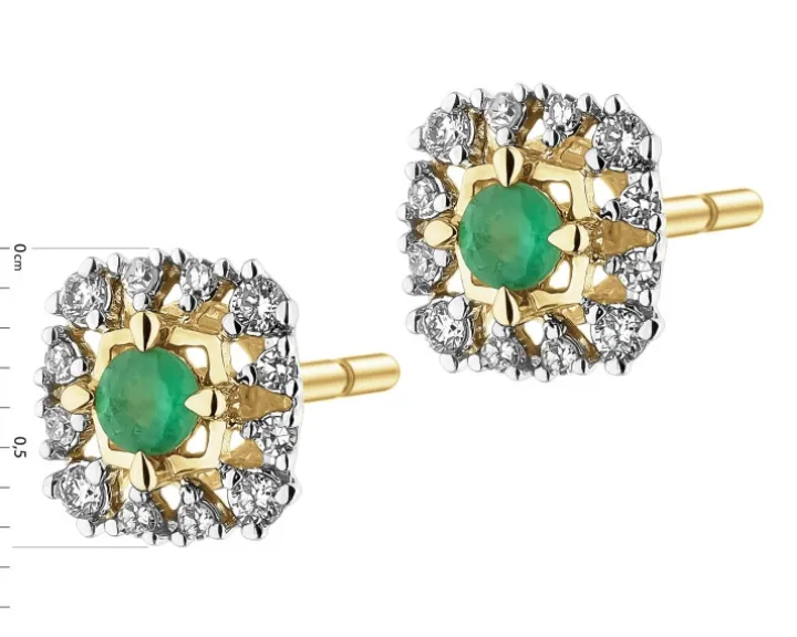 Kolczyki z żółtego złota z diamentami i szmaragdami - próba 585