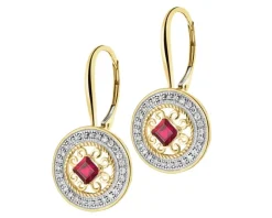 Kolczyki z żółtego złota z diamentami i rubinami - rozety - próba 585