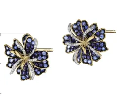 Kolczyki z żółtego złota z diamentami i szafirami - kwiaty - próba 585