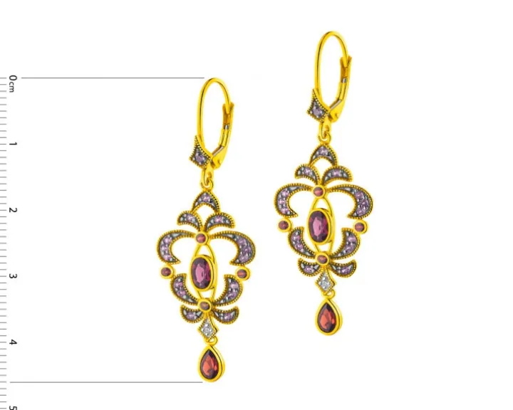 Kolczyki z żółtego złota z diamentami i rodolitami - próba 585