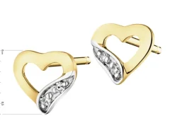 Kolczyki z żółtego złota z diamentami - serca - 0,008 ct - próba 585