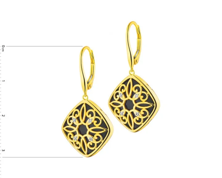 Kolczyki z żółtego złota z diamentami i onyksami - próba 585