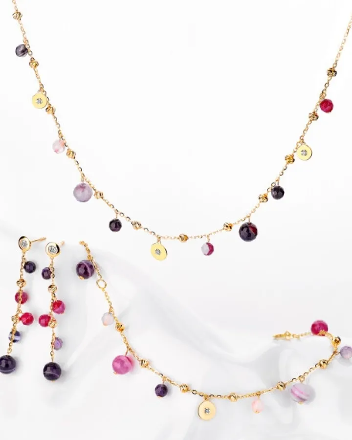 Kolczyki z żółtego złota z diamentami i agatami - próba 375