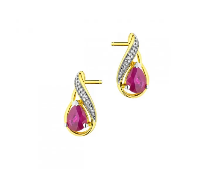 Kolczyki z żółtego złota z diamentami i rubinami - próba 585