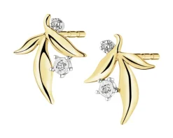 Kolczyki z żółtego złota z diamentami - liście - 0,01 ct - próba 585