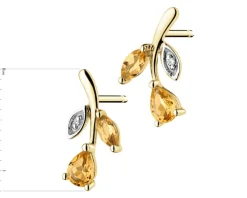 Kolczyki z żółtego złota z diamentami i cytrynami - liście - próba 375