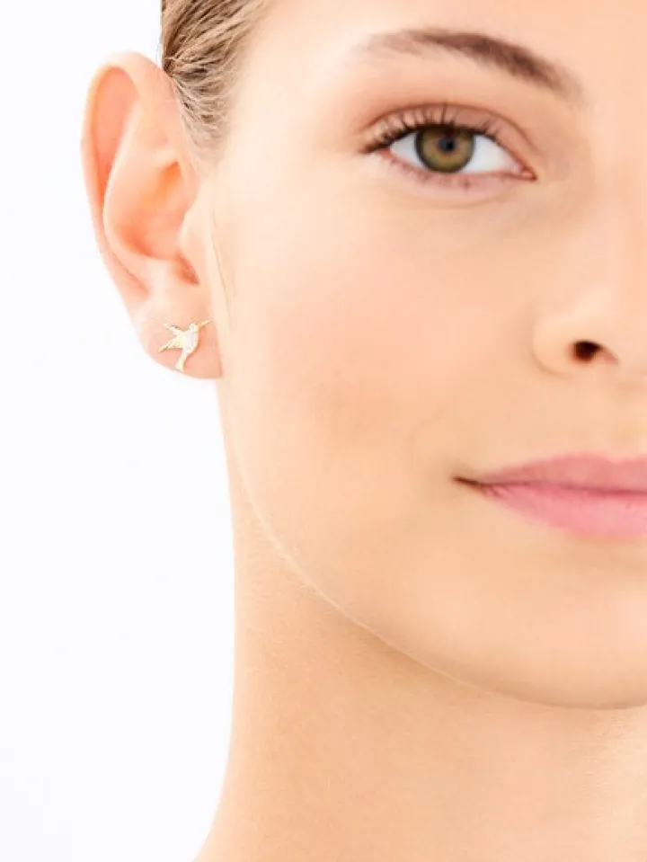 Kolczyki z żółtego złota z diamentami - kolibry - 0,03 ct - próba 375