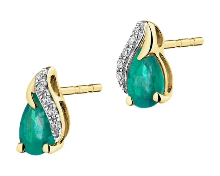 Kolczyki z żółtego złota z diamentami i szmaragdami - próba 585