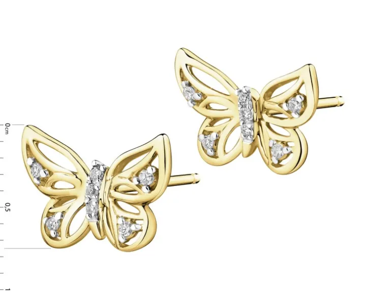 Kolczyki z żółtego złota z diamentami - motyle - 0,05 ct - próba 375