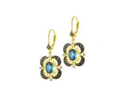 Kolczyki z żółtego złota z diamentami, szafirami i topazami London Blue - próba 585