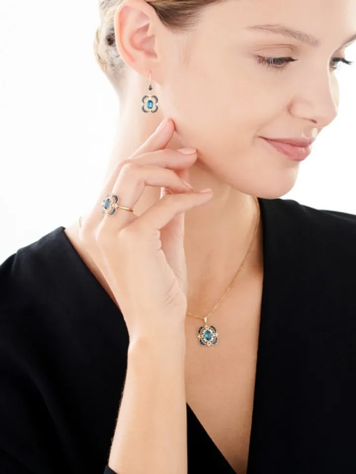 Kolczyki z żółtego złota z diamentami, szafirami i topazami London Blue - próba 585