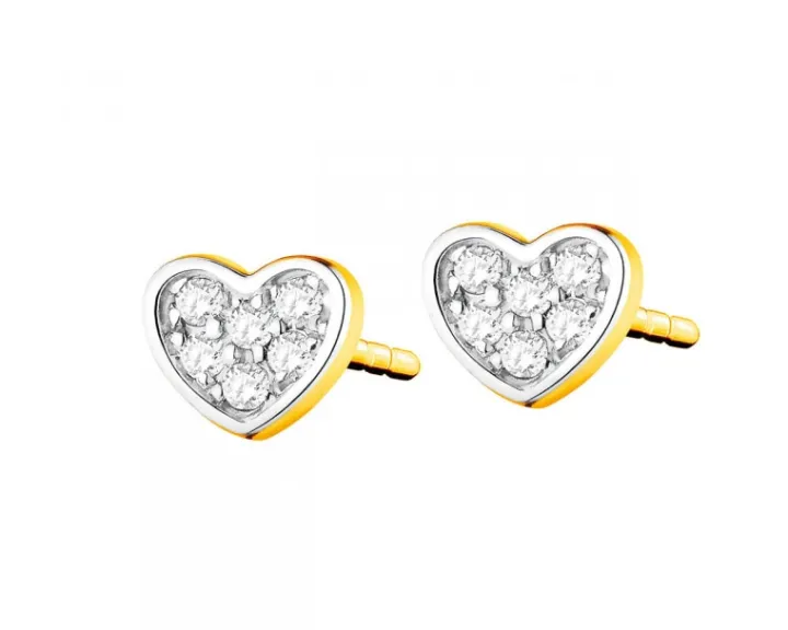 Kolczyki z żółtego złota z diamentami - serca - 0,03 ct - próba 585