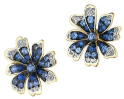 Kolczyki z żółtego złota z diamentami i szafirami - kwiaty - próba 585