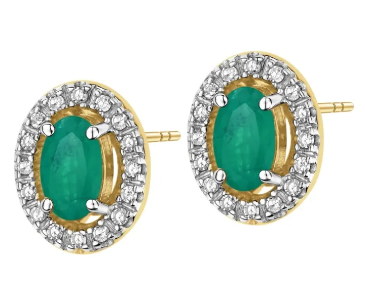 Kolczyki z żółtego złota z diamentami i szmaragdami - próba 585