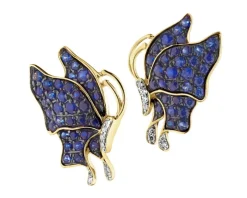 Kolczyki z żółtego złota z diamentami i szafirami - motyle - próba 585