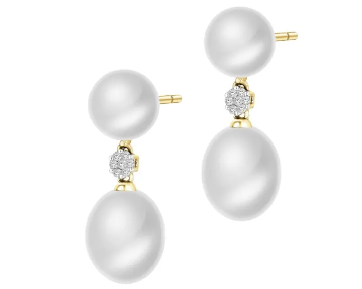 Kolczyki z żółtego złota z diamentami i perłami - próba 585