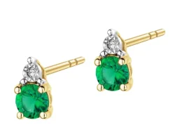 Kolczyki z żółtego złota z diamentami i szmaragdami syntetycznymi - próba 375