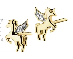 Kolczyki z żółtego złota z diamentami - jednorożce - 0,006 ct - próba 375