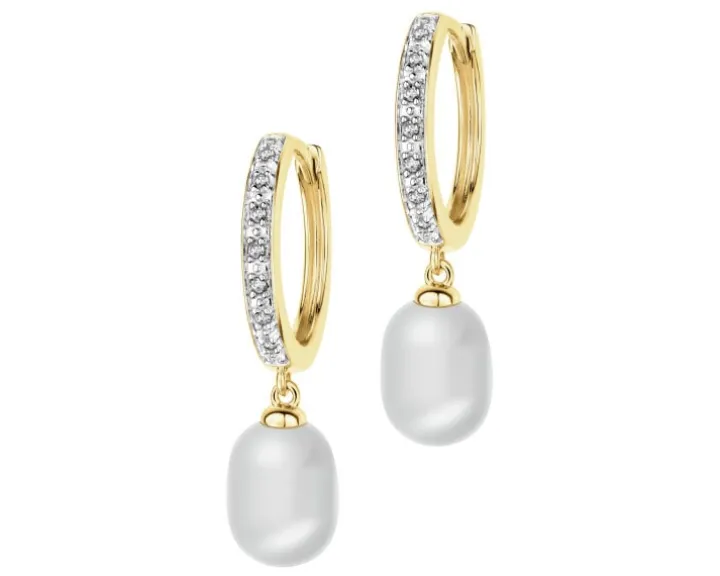 Kolczyki z żółtego złota z diamentami i perłami - próba 375