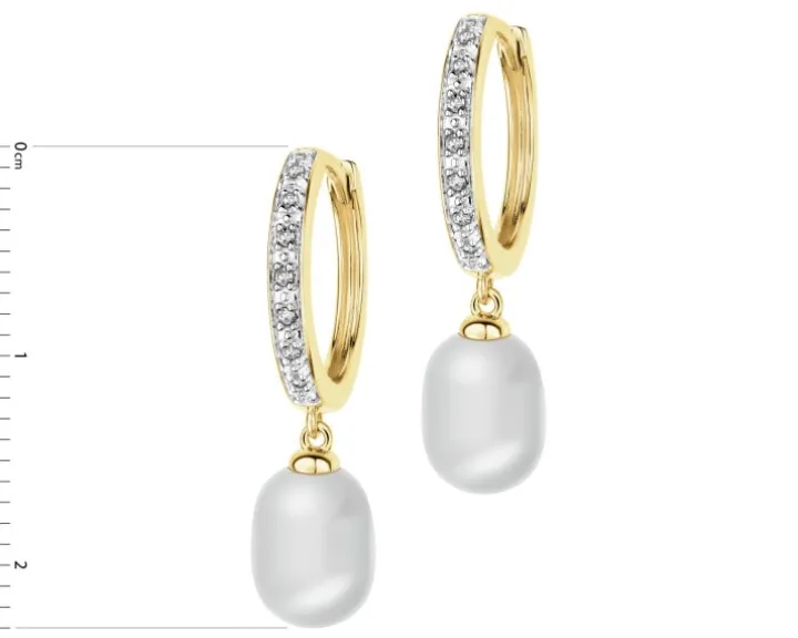 Kolczyki z żółtego złota z diamentami i perłami - próba 375