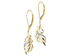 Kolczyki z żółtego złota z diamentami - piórka - 0,03 ct - próba 375