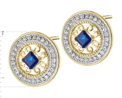 Kolczyki z żółtego złota z diamentami i szafirami - rozety - próba 585