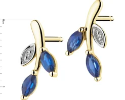 Kolczyki z żółtego złota z diamentami i szafirami - liście - próba 585