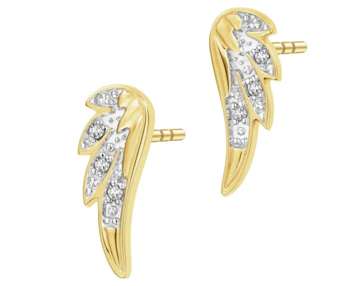 Kolczyki z żółtego złota z diamentami - skrzydła - 0,02 ct - próba 585