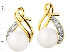 Kolczyki z żółtego złota z diamentami i perłami - próba 585