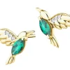 Kolczyki z żółtego złota z diamentami i szmaragdami syntetycznymi - kolibry - próba 375