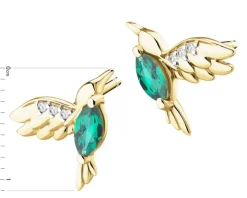 Kolczyki z żółtego złota z diamentami i szmaragdami syntetycznymi - kolibry - próba 375