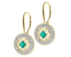Kolczyki z żółtego złota z diamentami i szmaragdami - rozety - próba 585